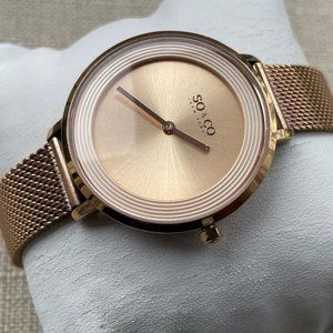 So & Co Wristwatch Gold Tone Mesh Band Quartz Analog Wrist Watch Round Face